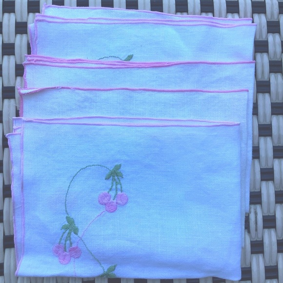 Fine Heirloom Cotton Linen Napkins White Pink Set of 4 Embroidered Vintage - Picture 2 of 5